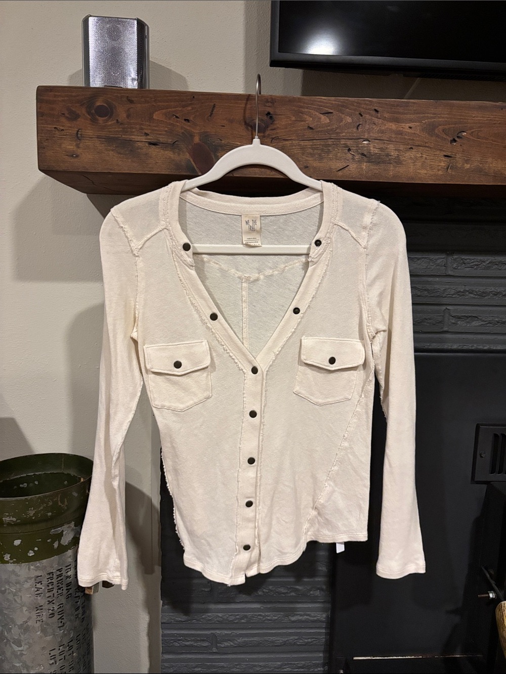 Women’s Free People Cream Button-Front Shirt with Pocket Details
